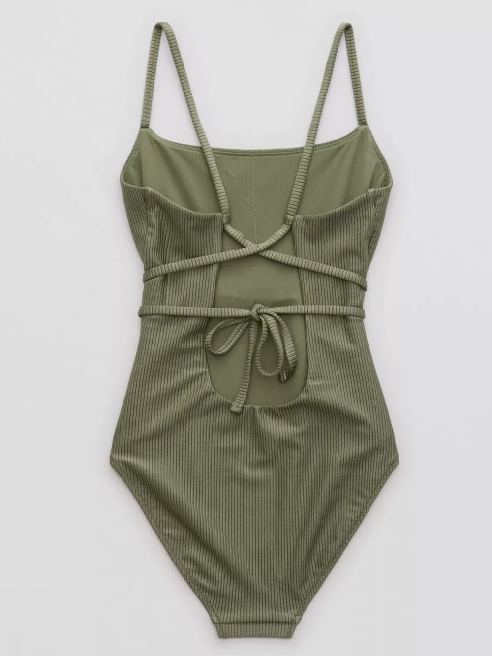 NWT Aerie Ribbed Olive Green One-Piece Wrap Around Tie Swimsuit - Picture 2 of 9